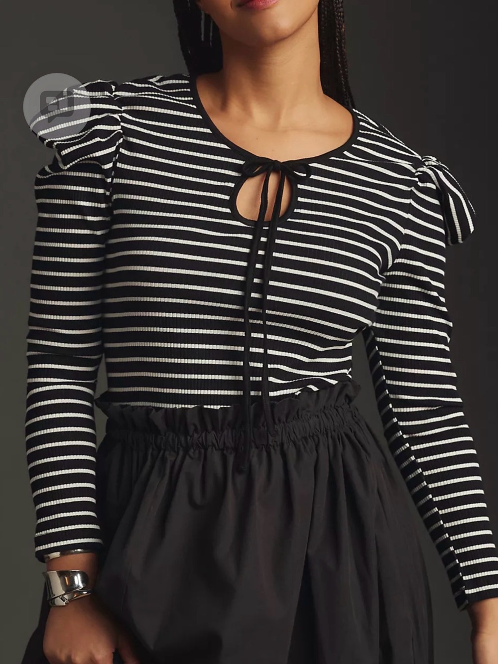 Porridge Black & White Striped Puff Sleeve Tee with Neck Ties Anthropologie 2x